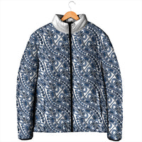 Hibiscus Bloom Island Tribal Waves Padded Jacket Blue Polynesian Pattern