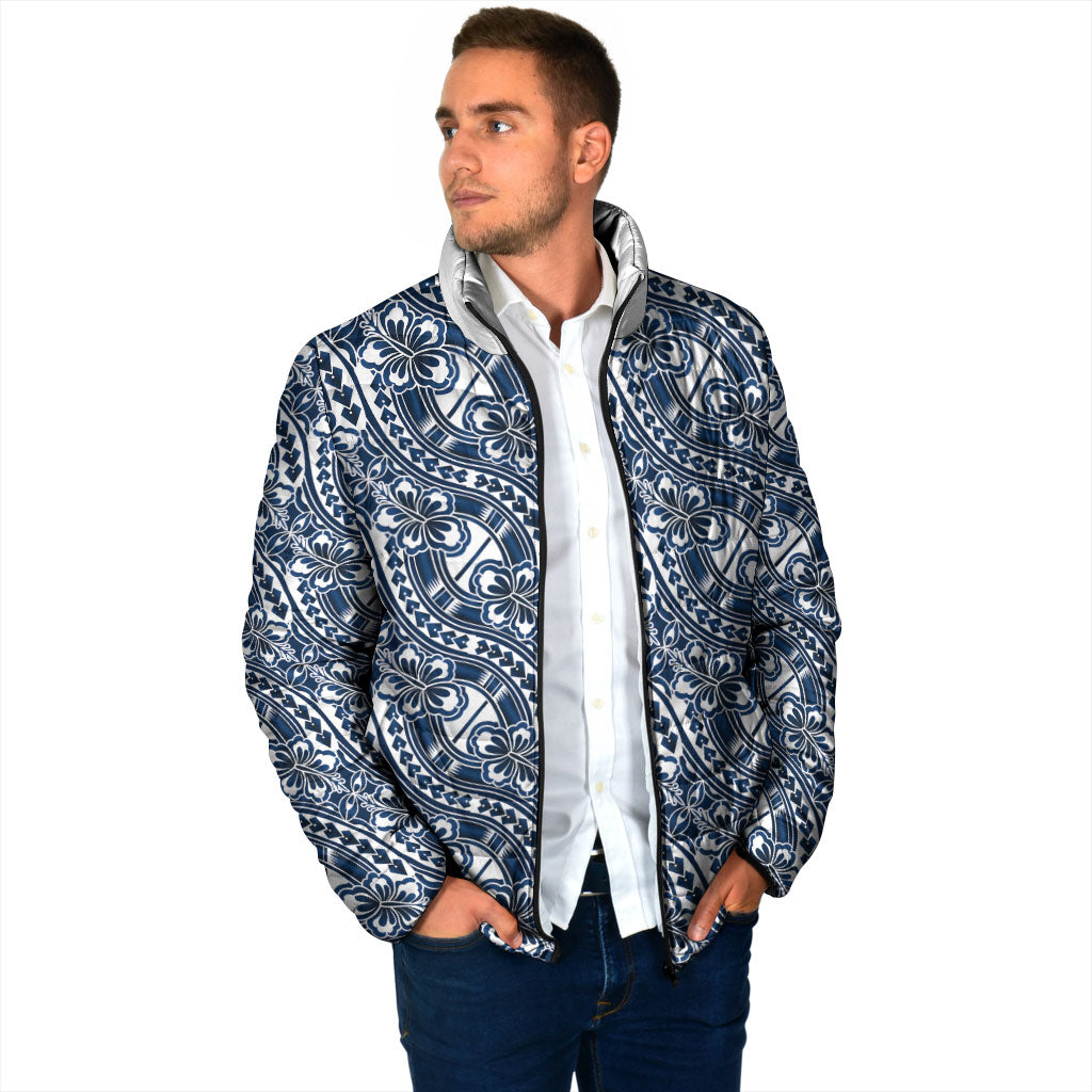Hibiscus Bloom Island Tribal Waves Padded Jacket Blue Polynesian Pattern