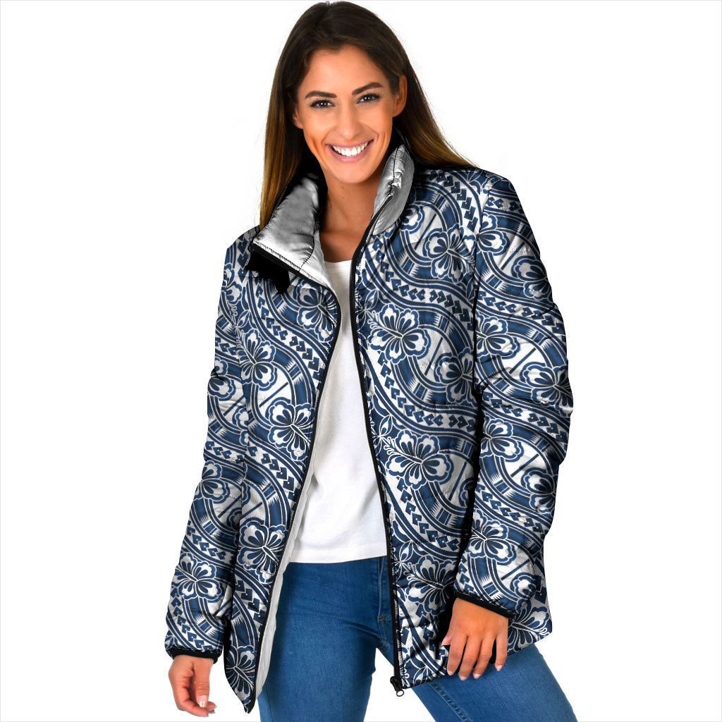 Hibiscus Bloom Island Tribal Waves Padded Jacket Blue Polynesian Pattern