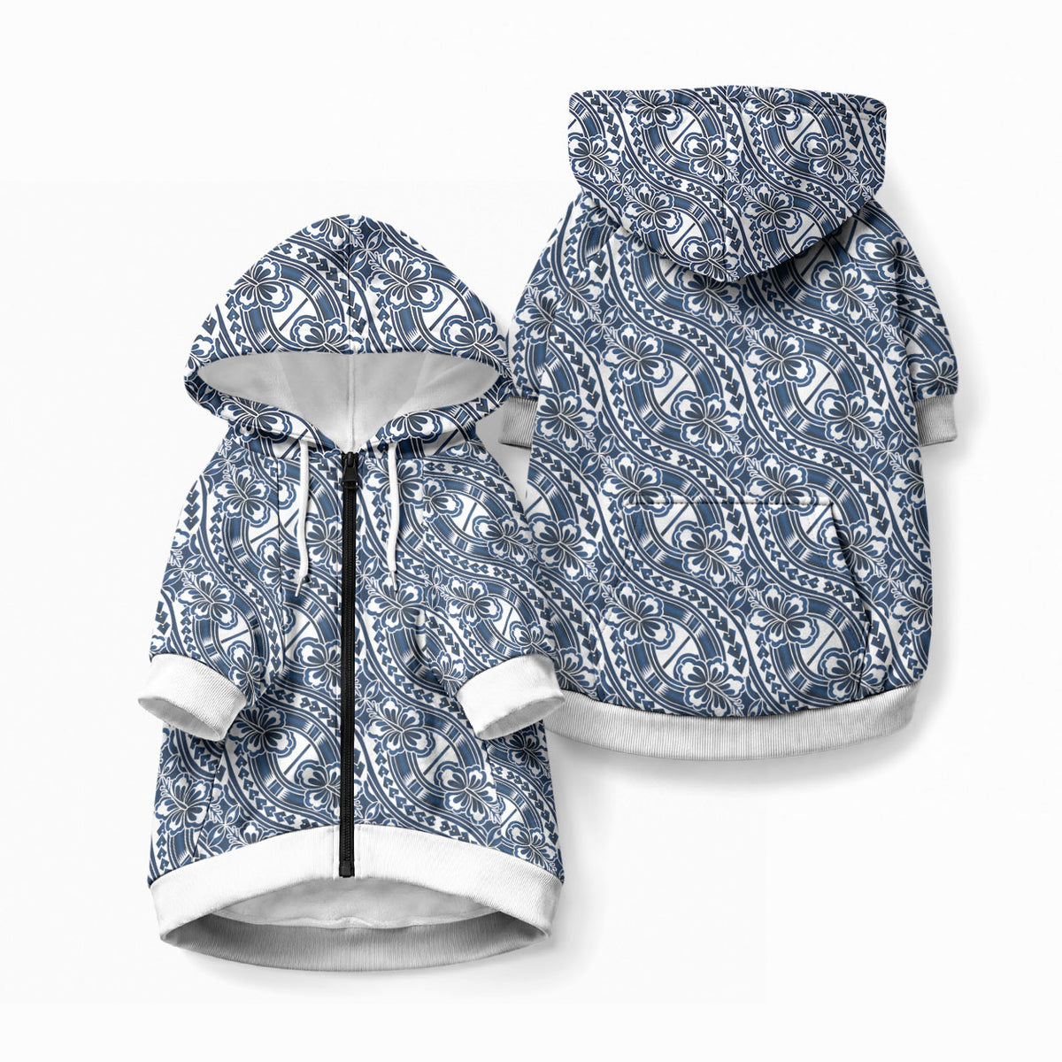 Hibiscus Bloom Island Tribal Waves Pet Hoodie Blue Polynesian Pattern