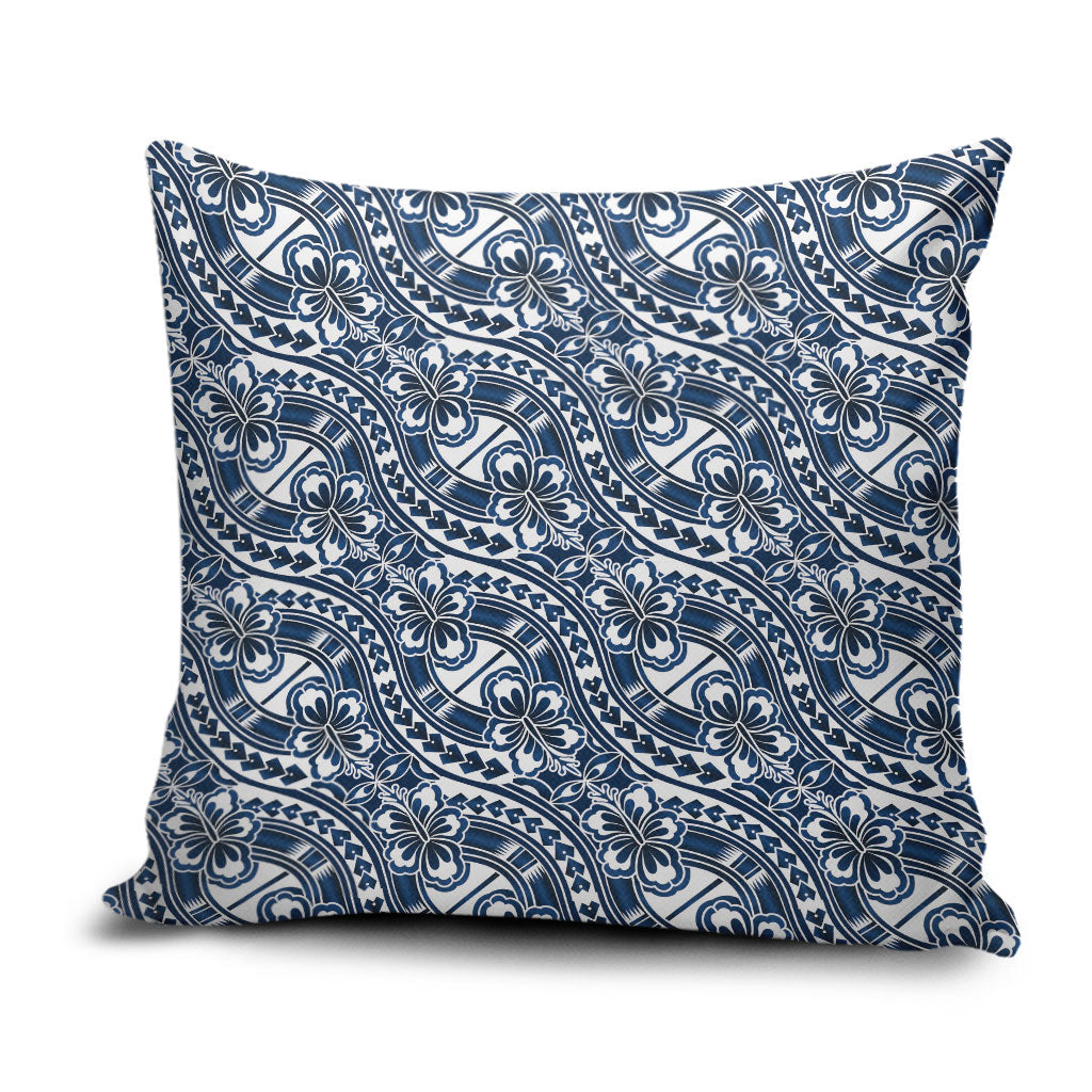 Hibiscus Bloom Island Tribal Waves Pillow Cover Blue Polynesian Pattern