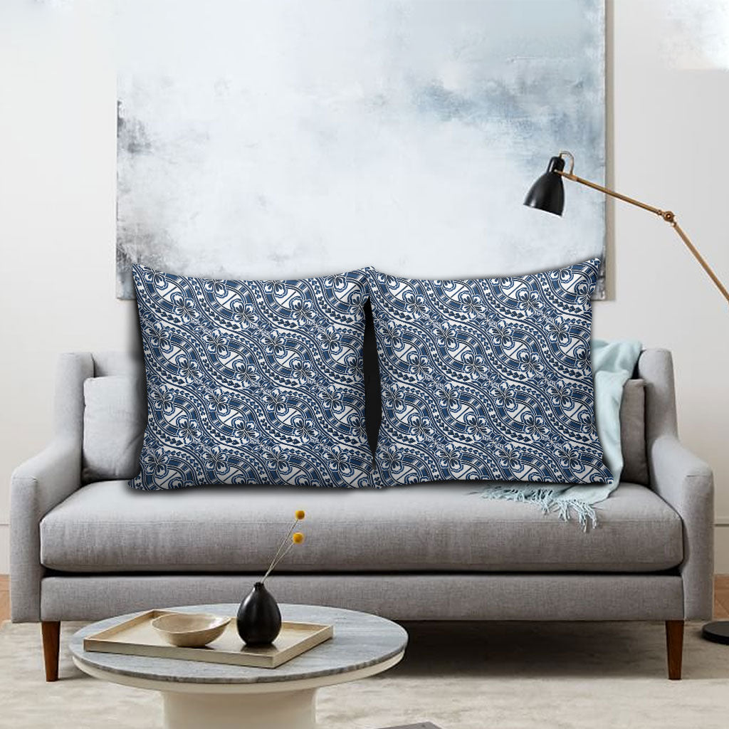 Hibiscus Bloom Island Tribal Waves Pillow Cover Blue Polynesian Pattern