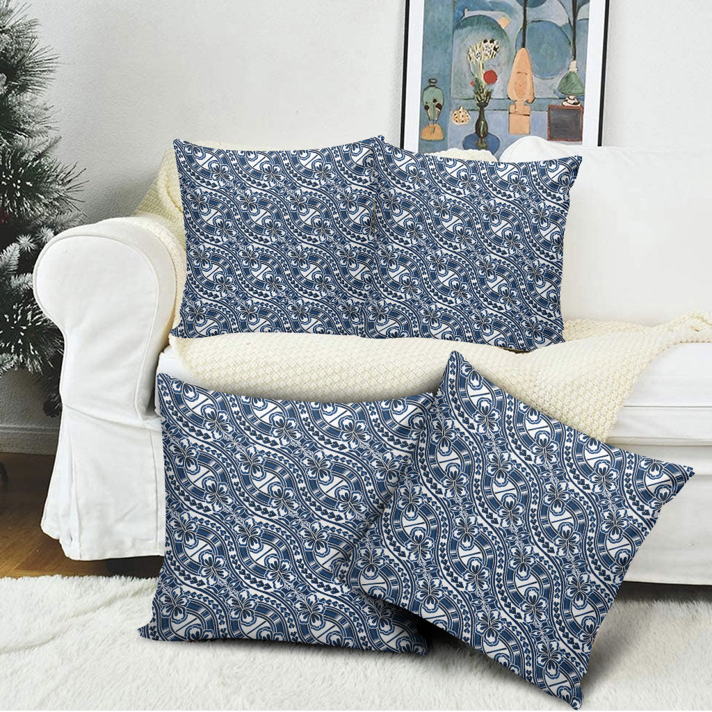 Hibiscus Bloom Island Tribal Waves Pillow Cover Blue Polynesian Pattern