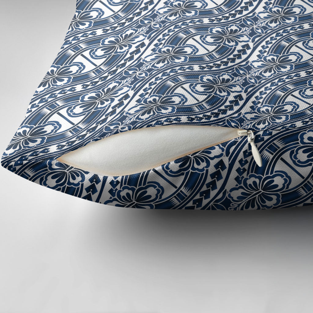 Hibiscus Bloom Island Tribal Waves Pillow Cover Blue Polynesian Pattern
