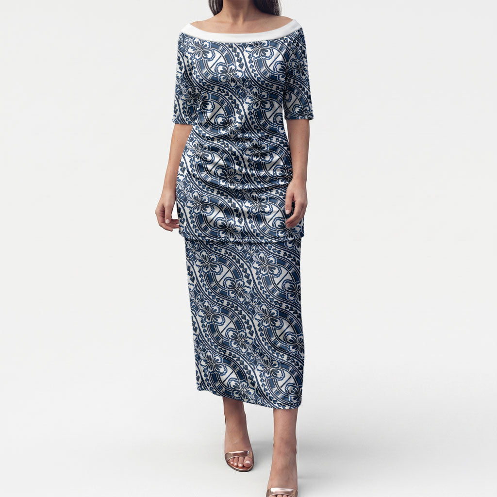 Hibiscus Bloom Island Tribal Waves Puletasi Blue Polynesian Pattern