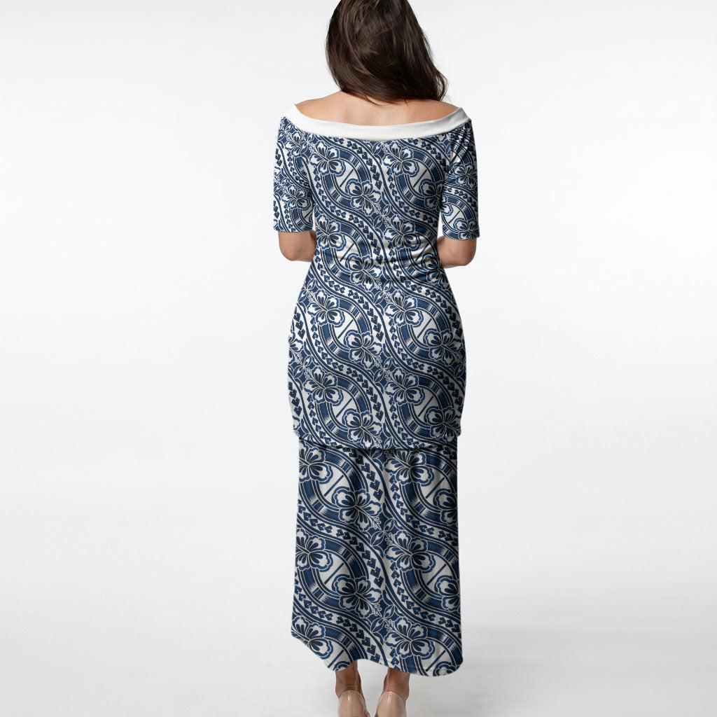 Hibiscus Bloom Island Tribal Waves Puletasi Blue Polynesian Pattern