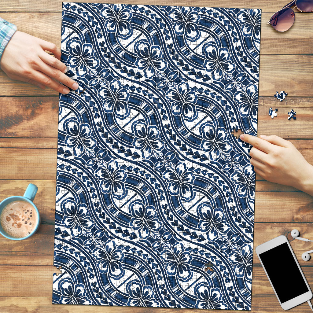 Hibiscus Bloom Island Tribal Waves Puzzle Blue Polynesian Pattern