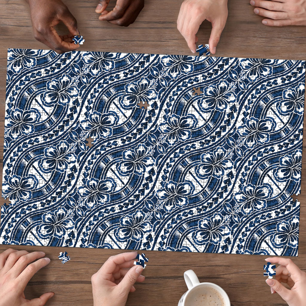 Hibiscus Bloom Island Tribal Waves Puzzle Blue Polynesian Pattern