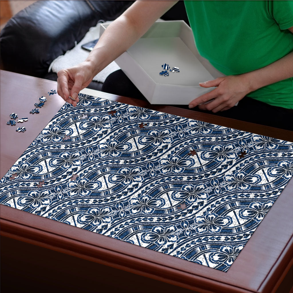 Hibiscus Bloom Island Tribal Waves Puzzle Blue Polynesian Pattern