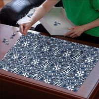Hibiscus Bloom Island Tribal Waves Puzzle Blue Polynesian Pattern