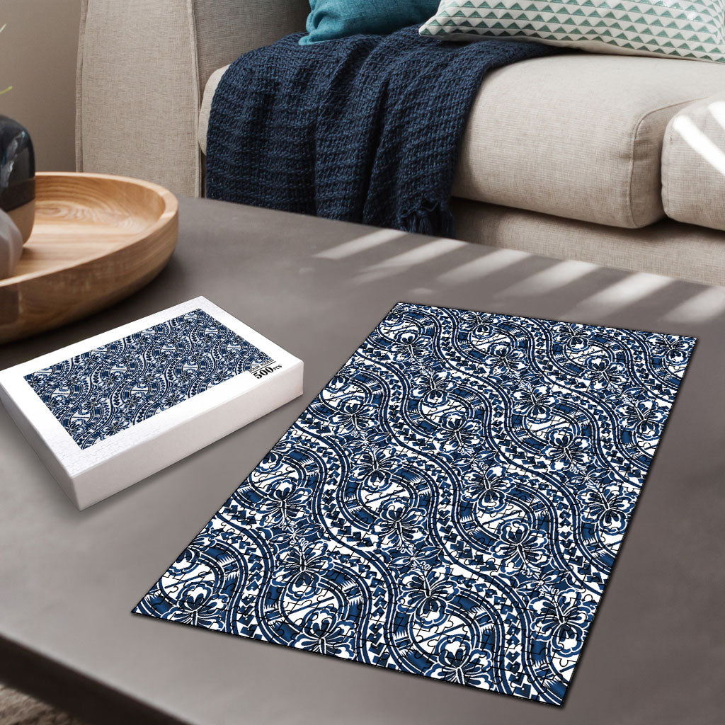 Hibiscus Bloom Island Tribal Waves Puzzle Blue Polynesian Pattern