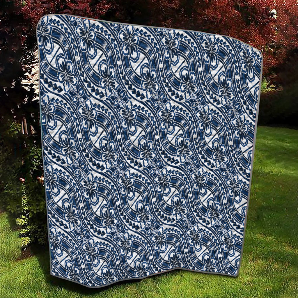 Hibiscus Bloom Island Tribal Waves Quilt Blue Polynesian Pattern
