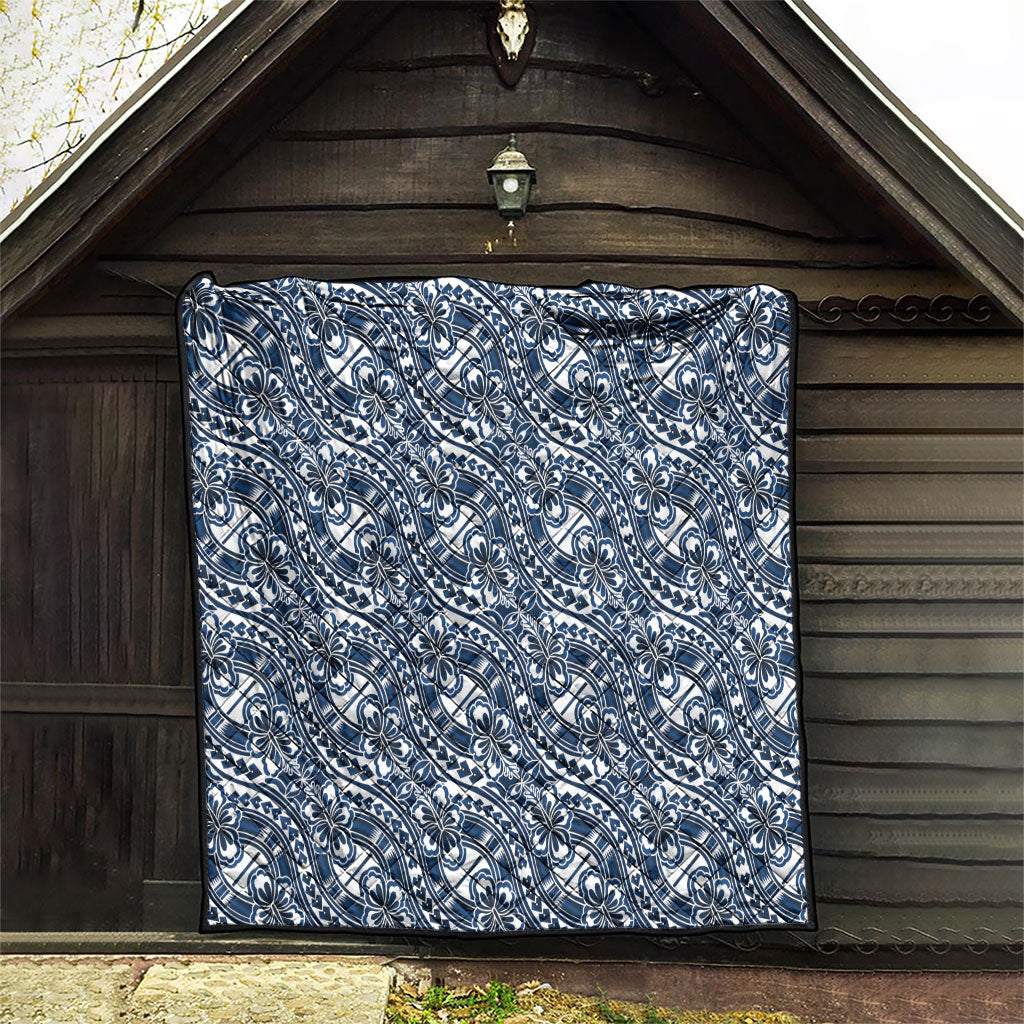 Hibiscus Bloom Island Tribal Waves Quilt Blue Polynesian Pattern