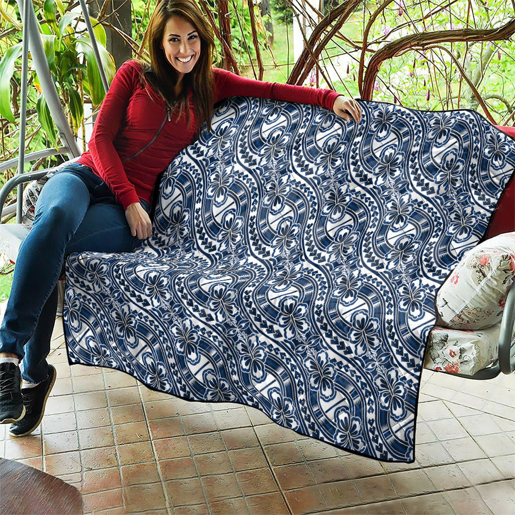 Hibiscus Bloom Island Tribal Waves Quilt Blue Polynesian Pattern