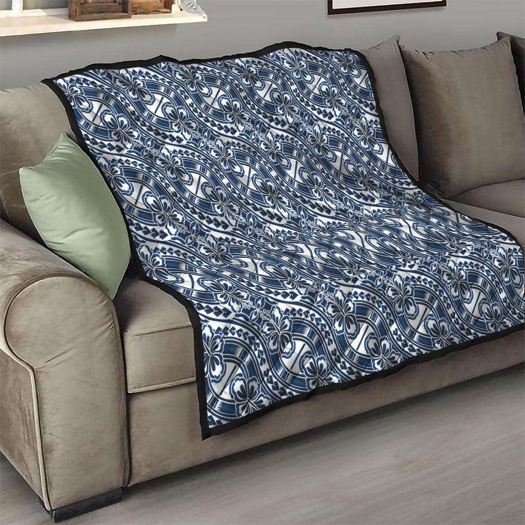 Hibiscus Bloom Island Tribal Waves Quilt Blue Polynesian Pattern