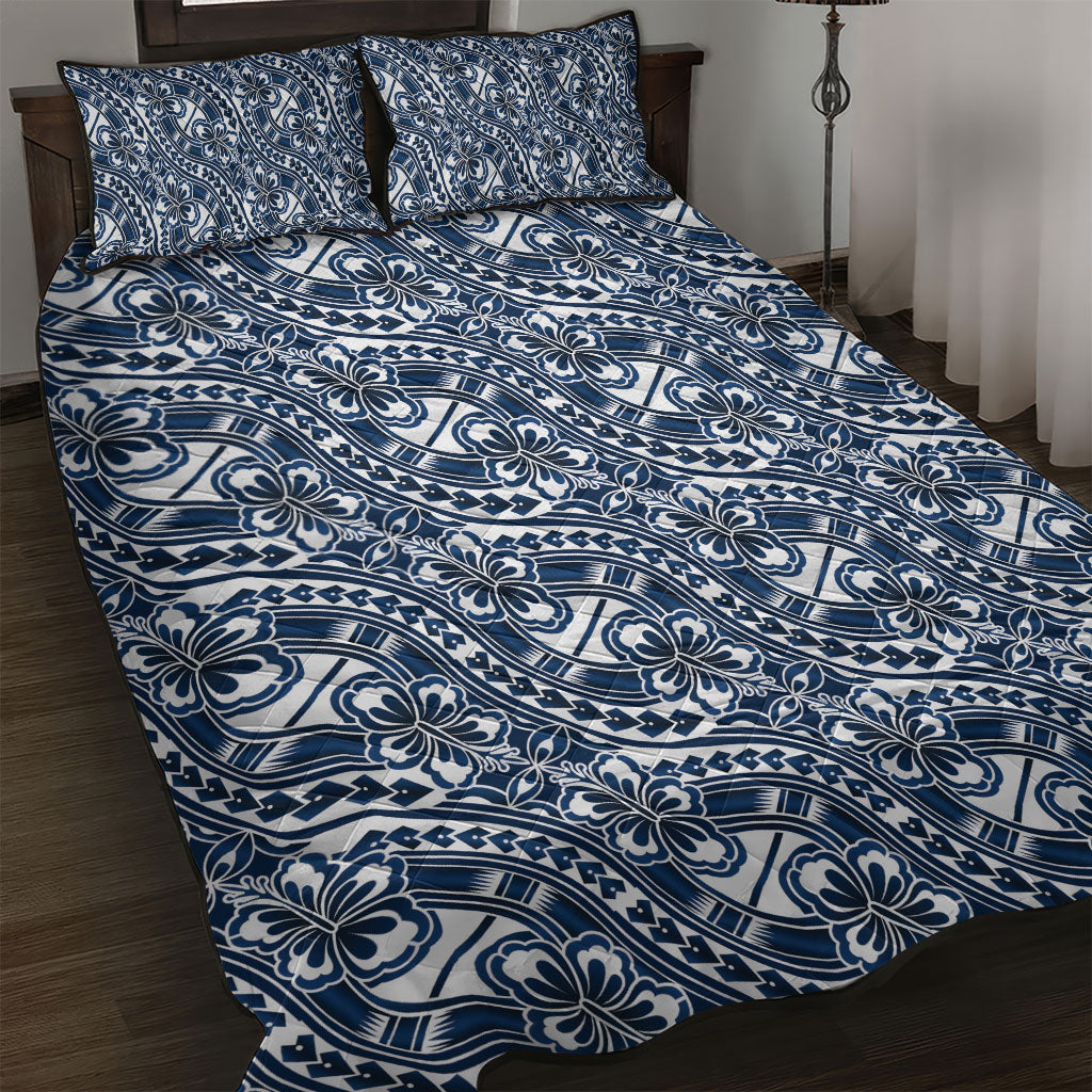 Hibiscus Bloom Island Tribal Waves Quilt Bed Set Blue Polynesian Pattern
