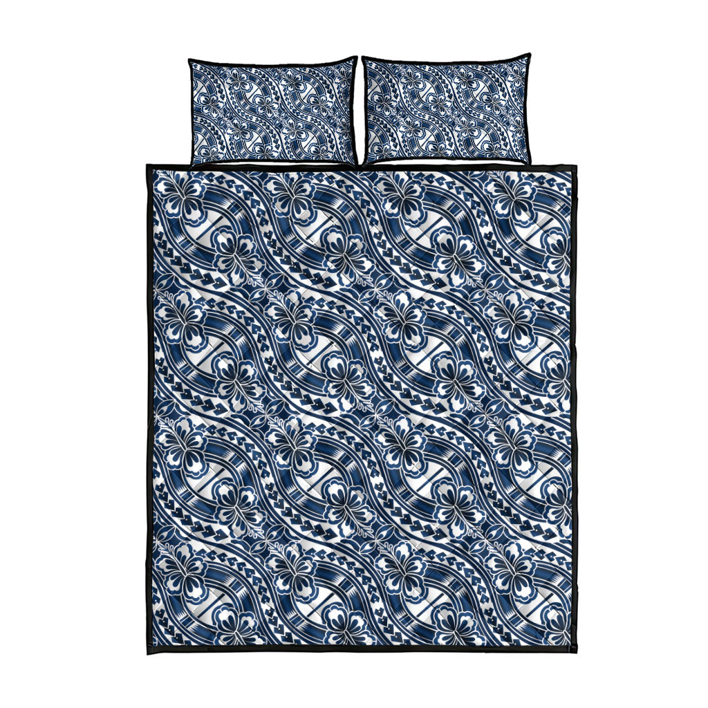 Hibiscus Bloom Island Tribal Waves Quilt Bed Set Blue Polynesian Pattern