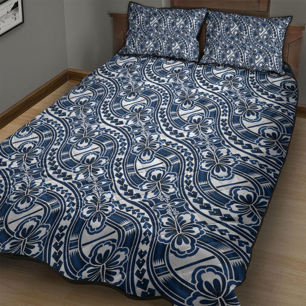 Hibiscus Bloom Island Tribal Waves Quilt Bed Set Blue Polynesian Pattern