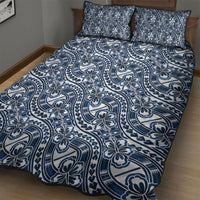 Hibiscus Bloom Island Tribal Waves Quilt Bed Set Blue Polynesian Pattern