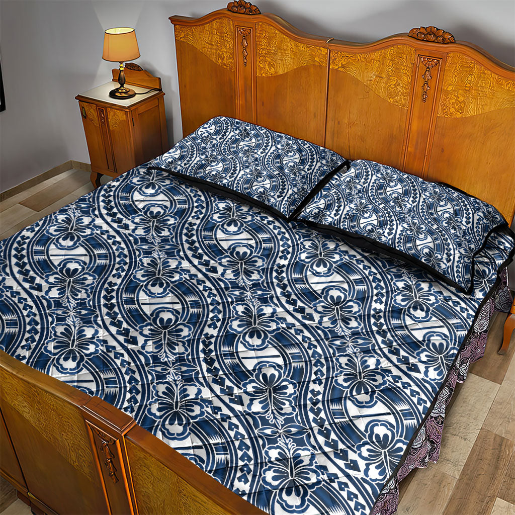 Hibiscus Bloom Island Tribal Waves Quilt Bed Set Blue Polynesian Pattern