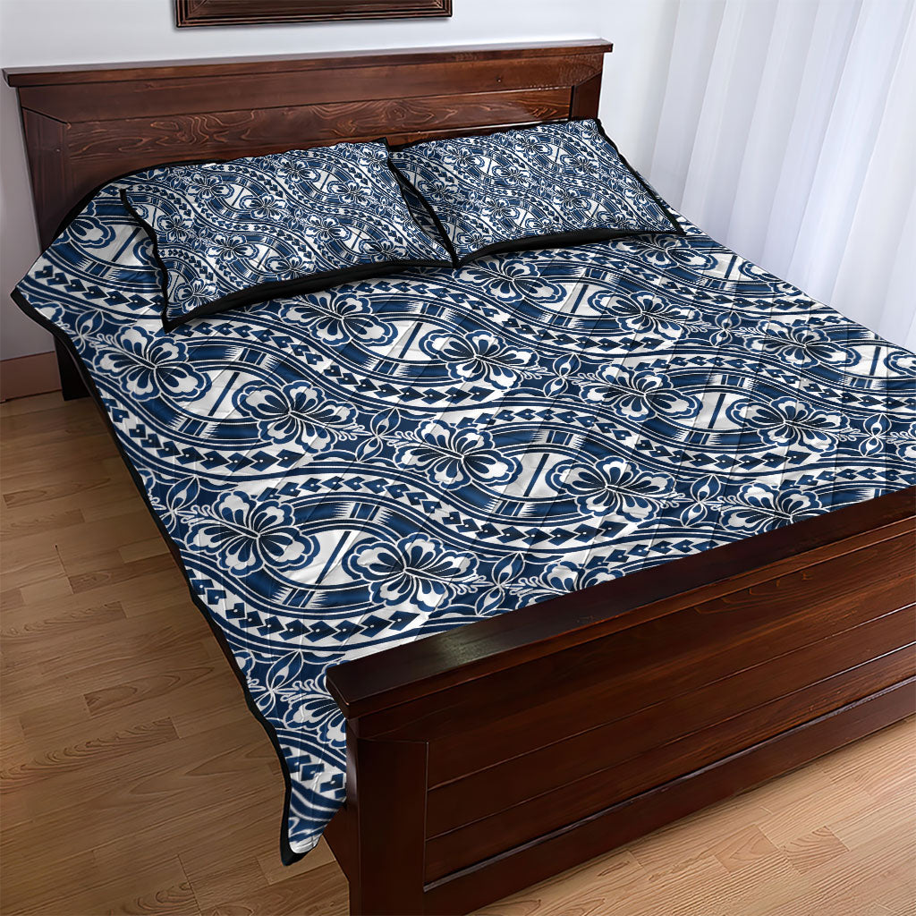 Hibiscus Bloom Island Tribal Waves Quilt Bed Set Blue Polynesian Pattern