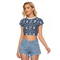 Hibiscus Bloom Island Tribal Waves Raglan Cropped T Shirt Blue Polynesian Pattern LT01 Female Blue - Polynesian Pride