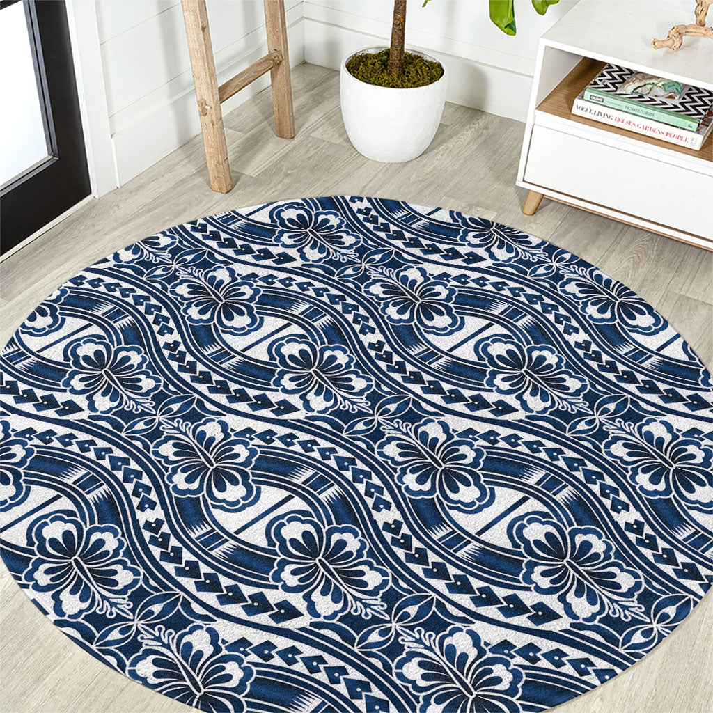 Hibiscus Bloom Island Tribal Waves Round Carpet Blue Polynesian Pattern