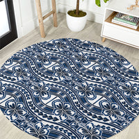 Hibiscus Bloom Island Tribal Waves Round Carpet Blue Polynesian Pattern