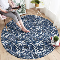 Hibiscus Bloom Island Tribal Waves Round Carpet Blue Polynesian Pattern