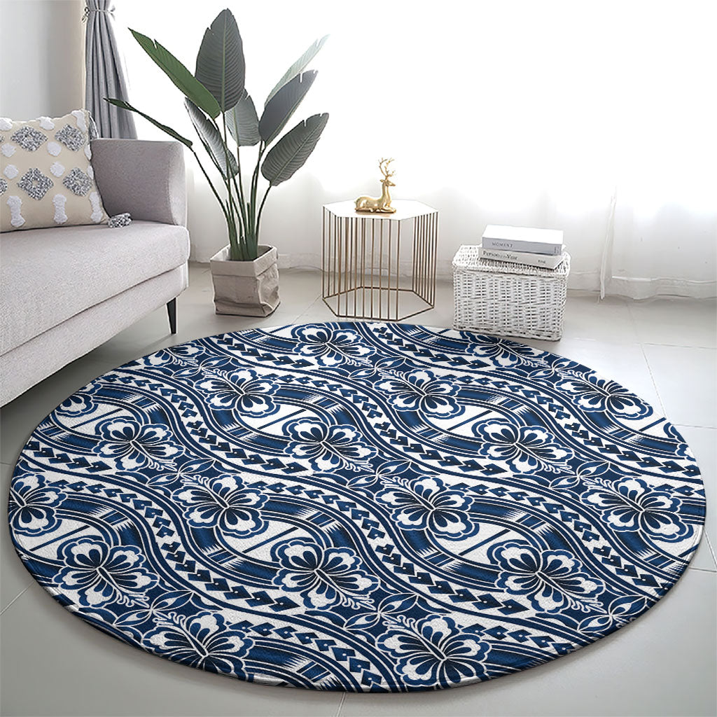 Hibiscus Bloom Island Tribal Waves Round Carpet Blue Polynesian Pattern