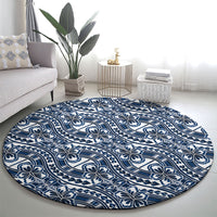 Hibiscus Bloom Island Tribal Waves Round Carpet Blue Polynesian Pattern