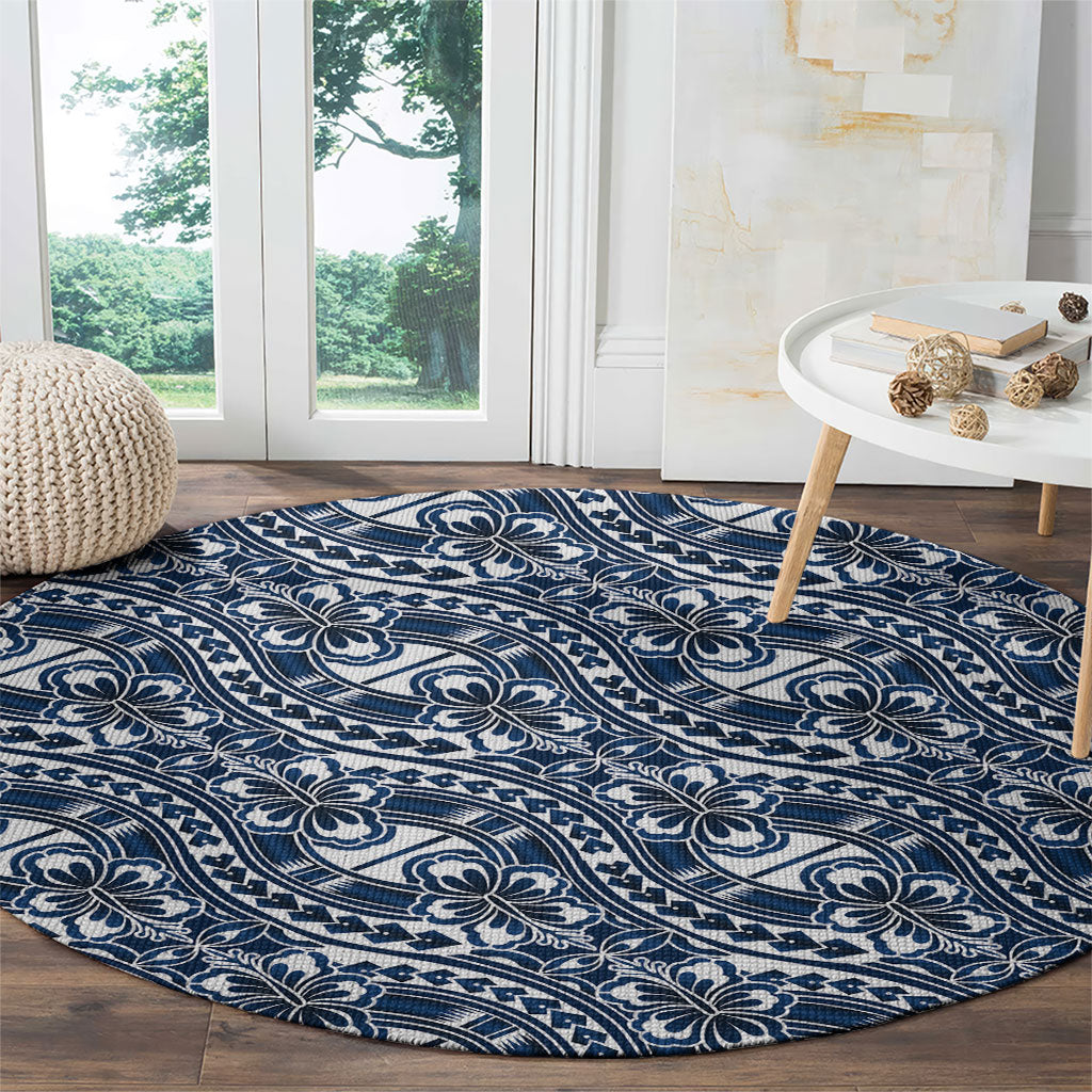 Hibiscus Bloom Island Tribal Waves Round Carpet Blue Polynesian Pattern