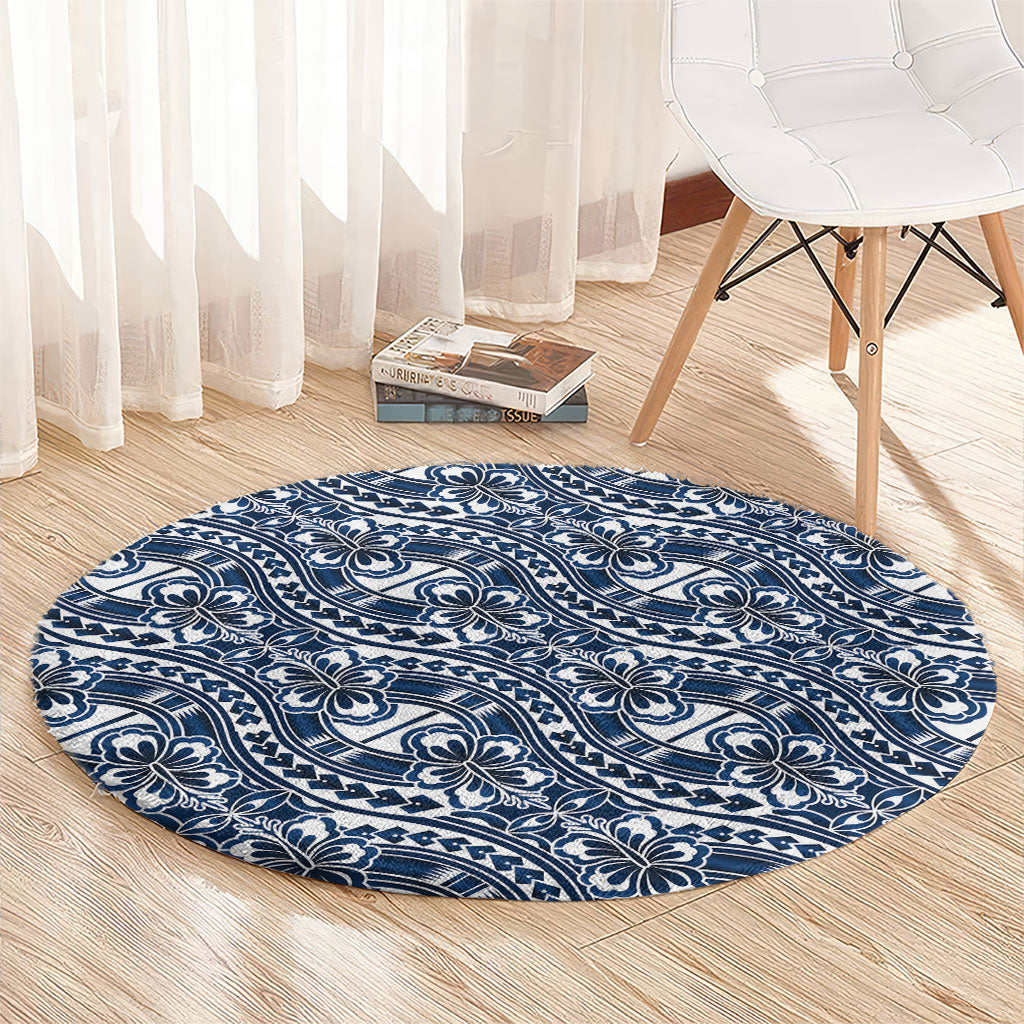 Hibiscus Bloom Island Tribal Waves Round Carpet Blue Polynesian Pattern
