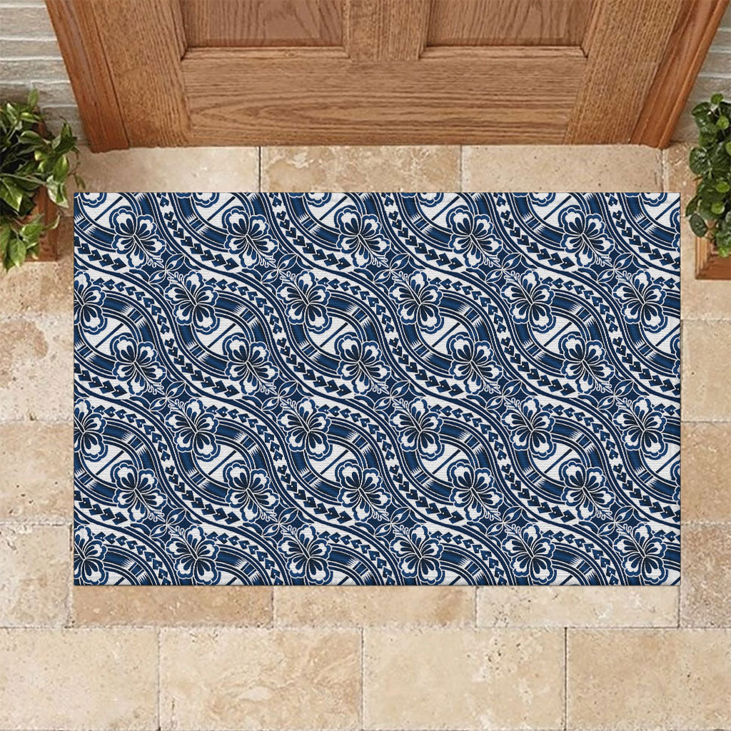 Hibiscus Bloom Island Tribal Waves Rubber Doormat Blue Polynesian Pattern