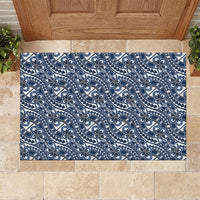 Hibiscus Bloom Island Tribal Waves Rubber Doormat Blue Polynesian Pattern