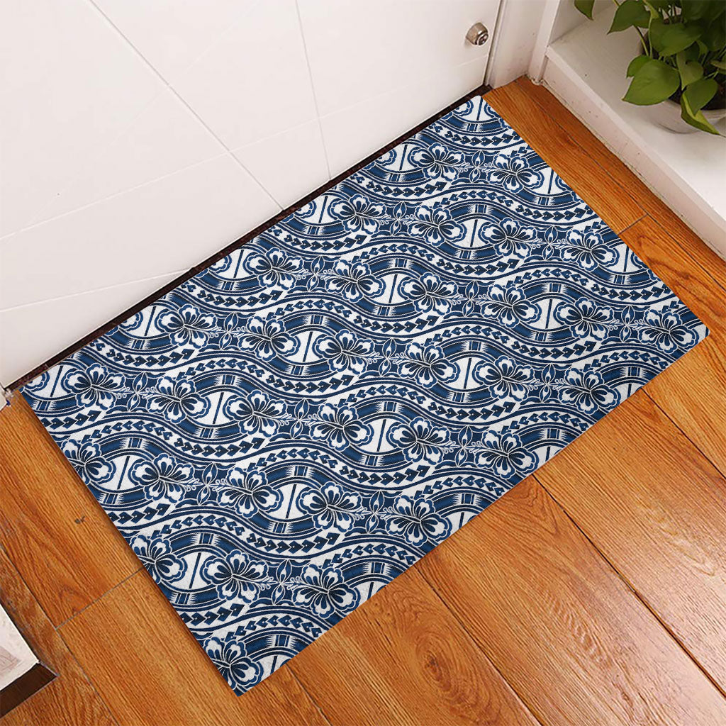 Hibiscus Bloom Island Tribal Waves Rubber Doormat Blue Polynesian Pattern