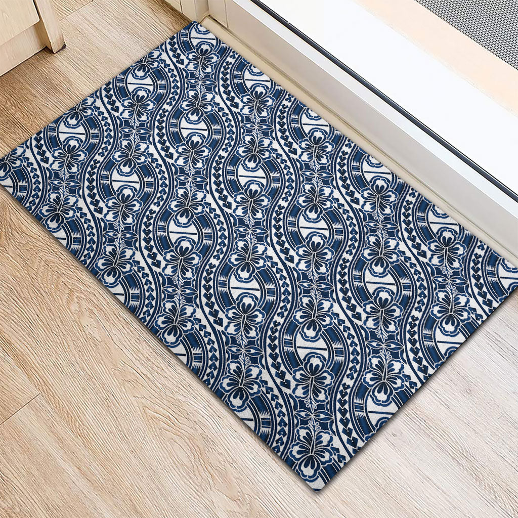 Hibiscus Bloom Island Tribal Waves Rubber Doormat Blue Polynesian Pattern