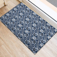 Hibiscus Bloom Island Tribal Waves Rubber Doormat Blue Polynesian Pattern