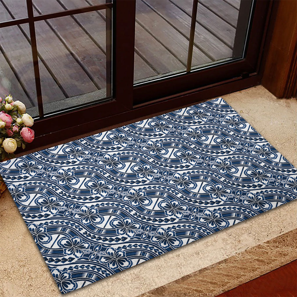 Hibiscus Bloom Island Tribal Waves Rubber Doormat Blue Polynesian Pattern