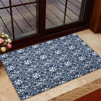 Hibiscus Bloom Island Tribal Waves Rubber Doormat Blue Polynesian Pattern