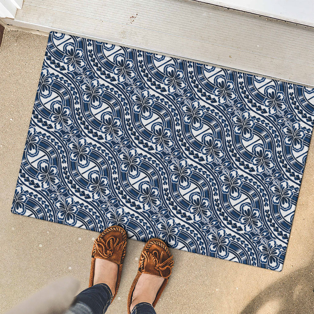 Hibiscus Bloom Island Tribal Waves Rubber Doormat Blue Polynesian Pattern