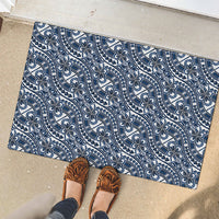 Hibiscus Bloom Island Tribal Waves Rubber Doormat Blue Polynesian Pattern
