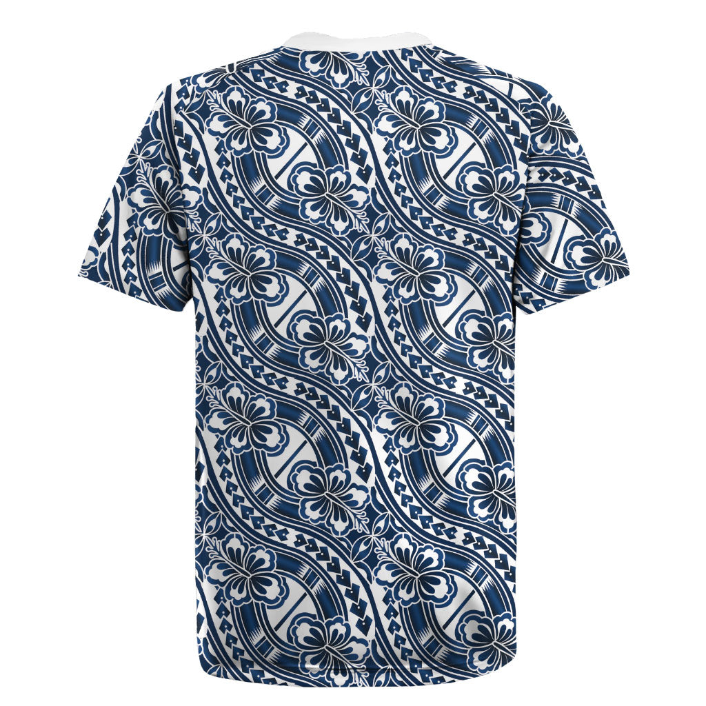 Hibiscus Bloom Island Tribal Waves Rugby Jersey Blue Polynesian Pattern LT01 - Polynesian Pride