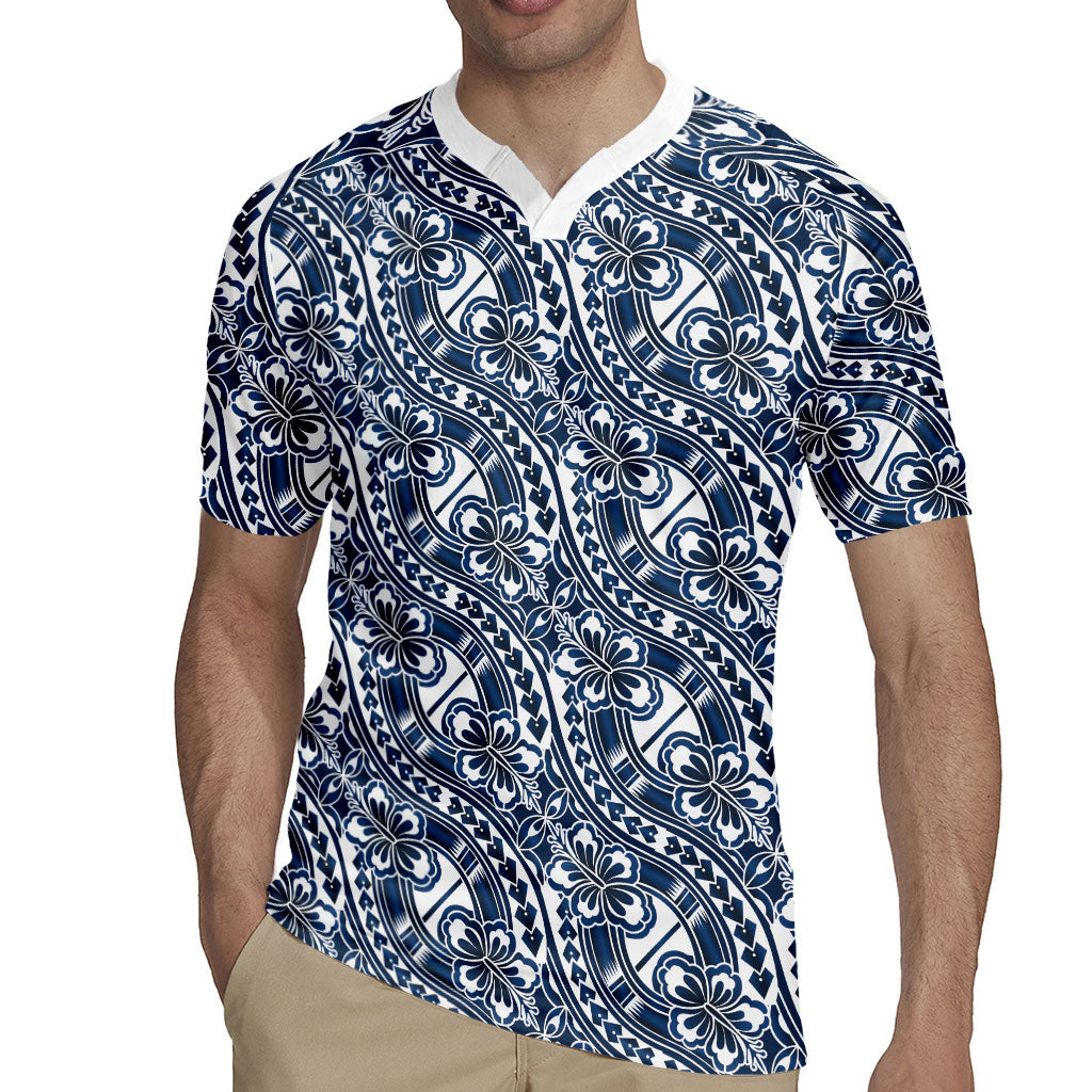 Hibiscus Bloom Island Tribal Waves Rugby Jersey Blue Polynesian Pattern LT01 - Polynesian Pride