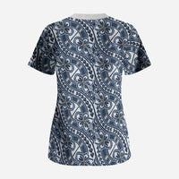 Hibiscus Bloom Island Tribal Waves Scrub Top Blue Polynesian Pattern
