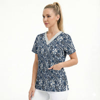 Hibiscus Bloom Island Tribal Waves Scrub Top Blue Polynesian Pattern