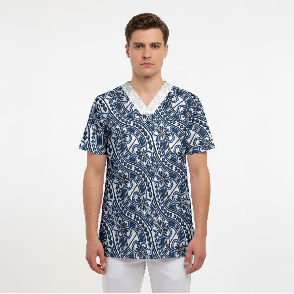 Hibiscus Bloom Island Tribal Waves Scrub Top Blue Polynesian Pattern