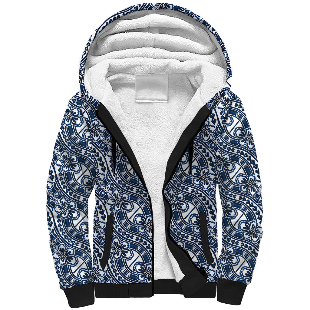 Hibiscus Bloom Island Tribal Waves Sherpa Hoodie Blue Polynesian Pattern