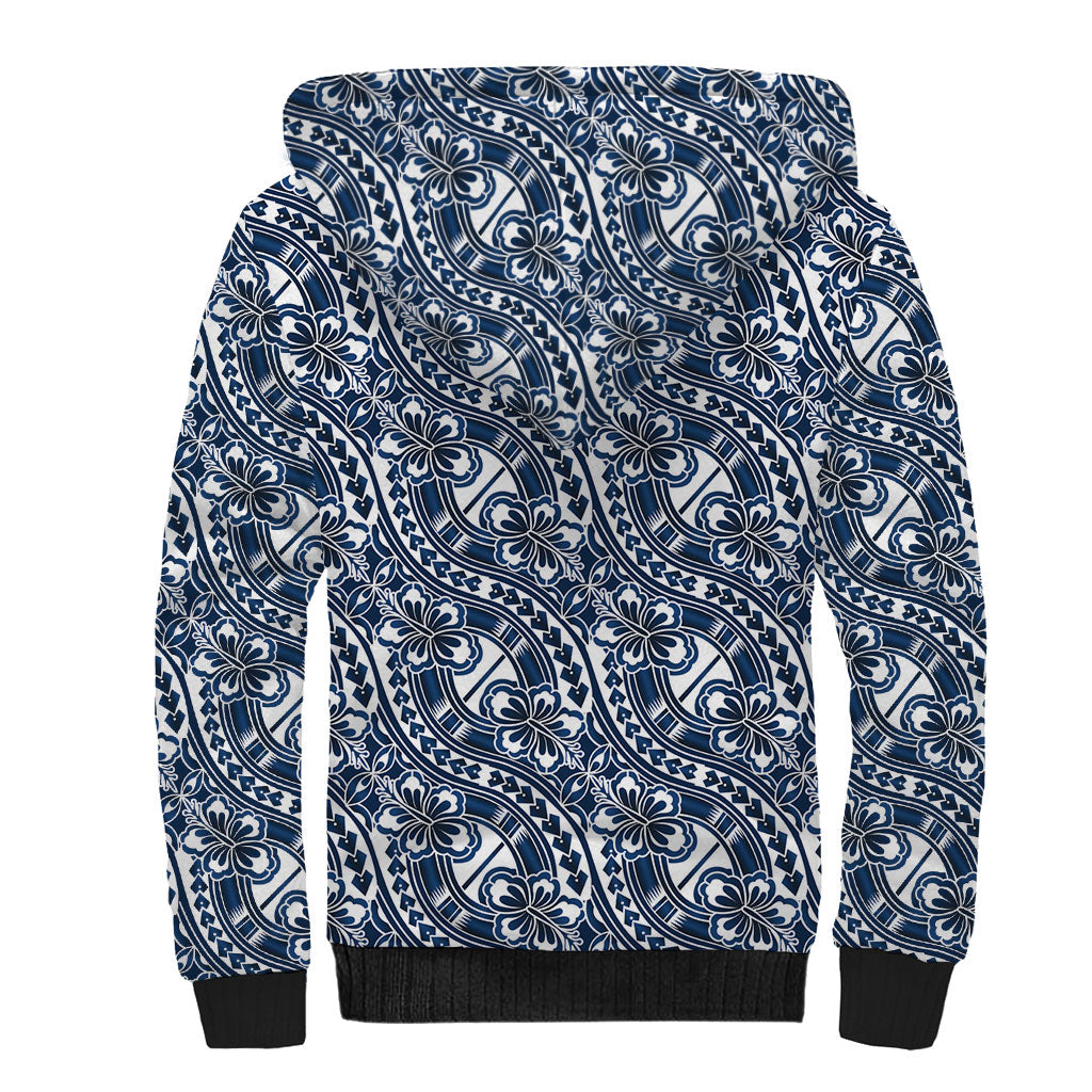 Hibiscus Bloom Island Tribal Waves Sherpa Hoodie Blue Polynesian Pattern