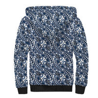 Hibiscus Bloom Island Tribal Waves Sherpa Hoodie Blue Polynesian Pattern